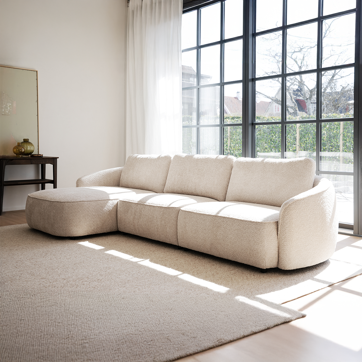 Norris gestoffeerde 4-zits hoekbank wit - links - 319 cm - bankstel - stof - crème - lounge - scandinavisch