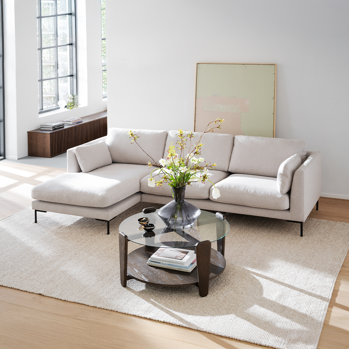 Corwin gestoffeerde hoekbank beige - links - 270 cm - bankstel - stof - zandkleur - scandinavisch