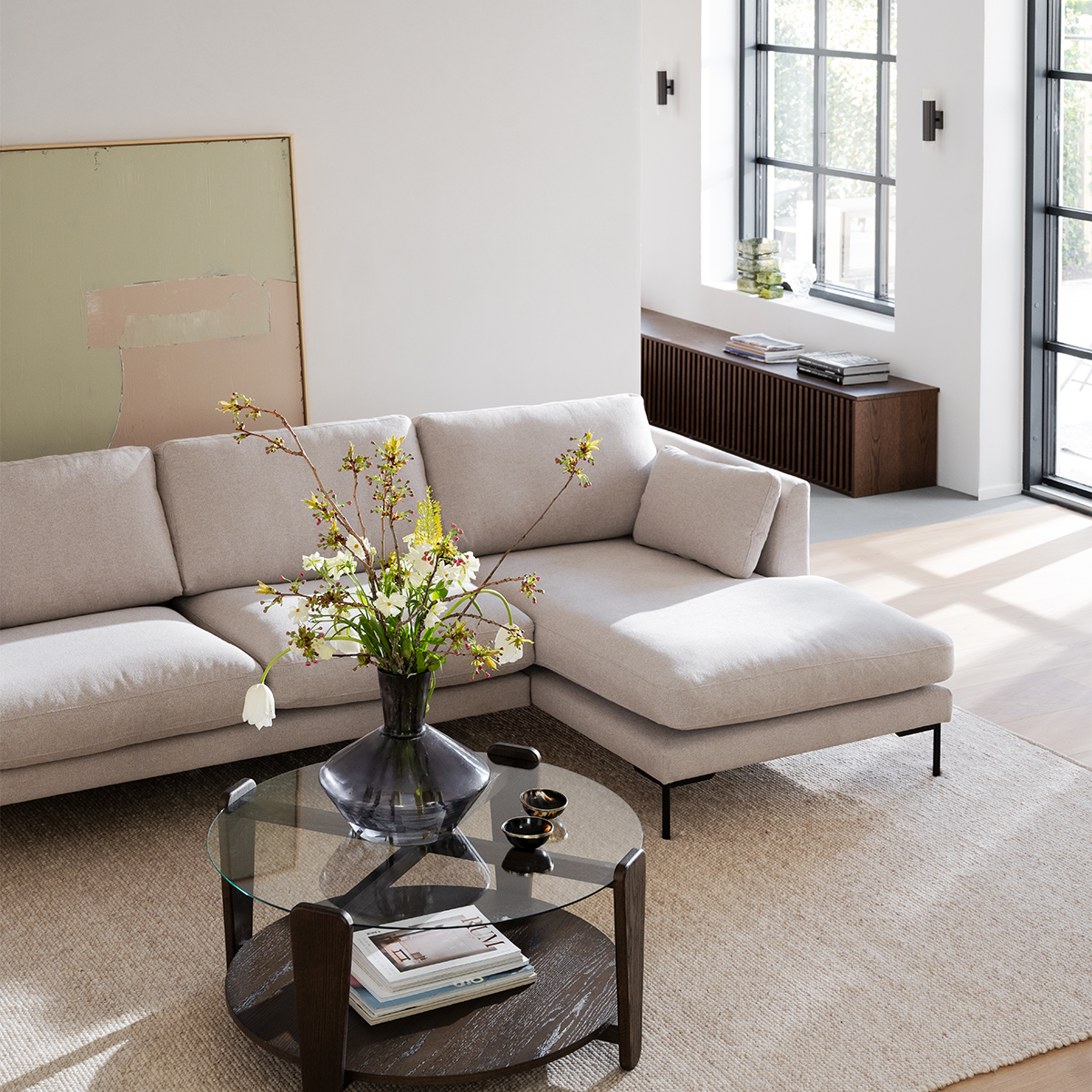 Corwin gestoffeerde hoekbank beige - rechts - 270 cm - bankstel - stof - zandkleur - scandinavisch