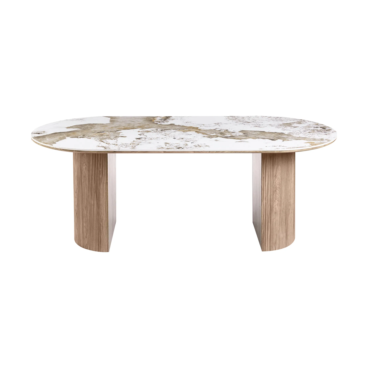 zijaanzicht Ronda houten eettafel met keramiek blad bruin - 210 x 100 cm