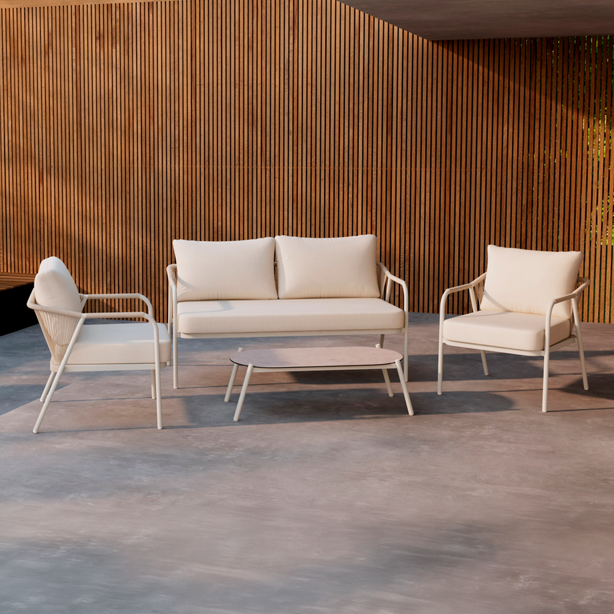 Sienna 4 delige tuin loungeset beige - tweezitsbank, twee fauteuils en salontafel - met zitkussens  zand - aluminium