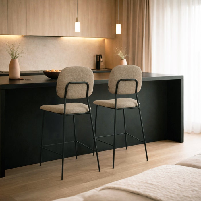 Jasmijn barkruk taupe melange - zwart onderstel - 65 cm - keuken - rugleuning - stof - japandi