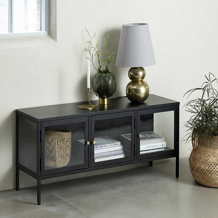 Carrie metalen tv meubel zwart - 132 x 40 cm - vitrinekast - tv kast - industrieel - modern
