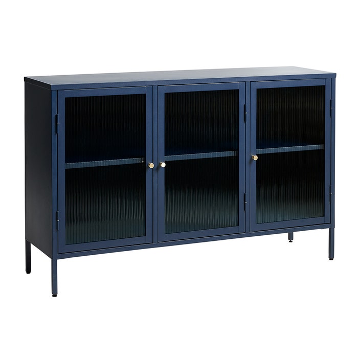 Katja metalen sideboard blauw - 132 x 40 cm - vitrinekast - opbergkast - glas - industrieel - ribglas