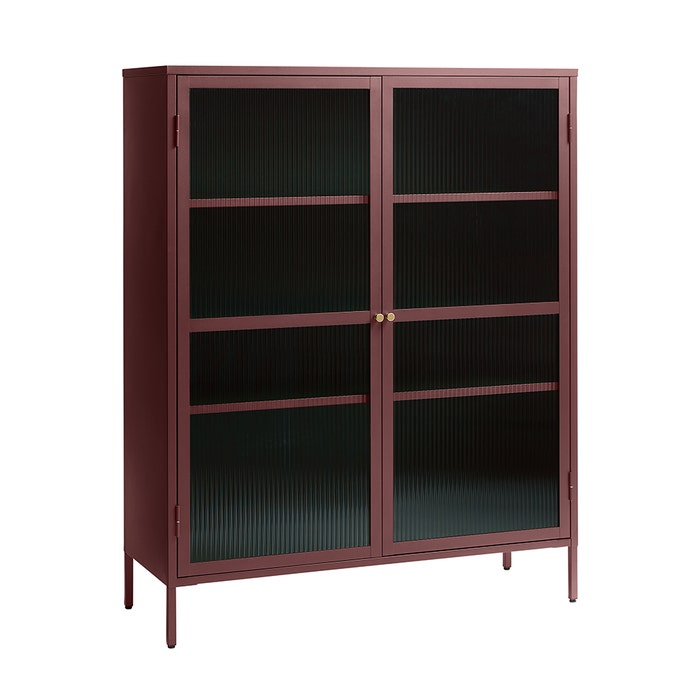 Katja metalen vitrinekast rood - 111 x 140 cm - dressoir - opbergkast - glas - industrieel - ribglas