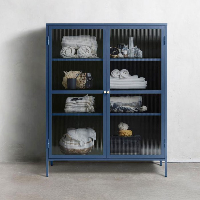 Katja metalen vitrinekast blauw - 111 x 140 cm - dressoir - opbergkast - glas - industrieel - ribglas