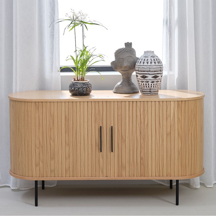 Lenn houten sideboard naturel - 140 x 45 cm - kast - opbergkast - laag - met schuifdeuren - modern - scandinavisch - ondiep dressoir - ronde hoeken - zwarte metalen poten