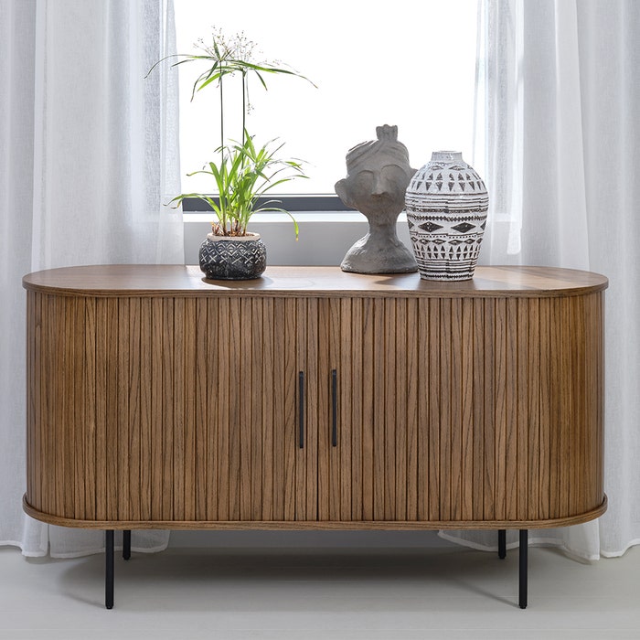 Lenn houten sideboard gerookt eiken - 140 x 45 cm - kast - opbergkast - laag - met schuifdeuren - modern - scandinavisch - ondiep dressoir - ronde hoeken - zwarte metalen poten - japandi