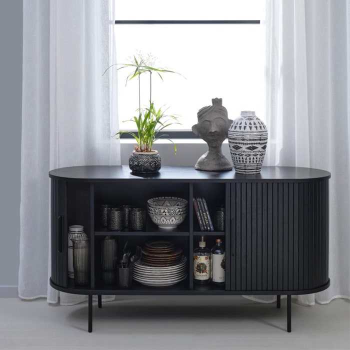 Lenn houten sideboard zwart - 140 x 45 cm - kast - opbergkast - laag - met schuifdeuren - modern - scandinavisch - ondiep dressoir - ronde hoeken - zwarte metalen poten