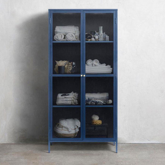 Katja metalen vitrinekast blauw - 90 x 190 cm - dressoir - opbergkast - glas - industrieel - ribglas