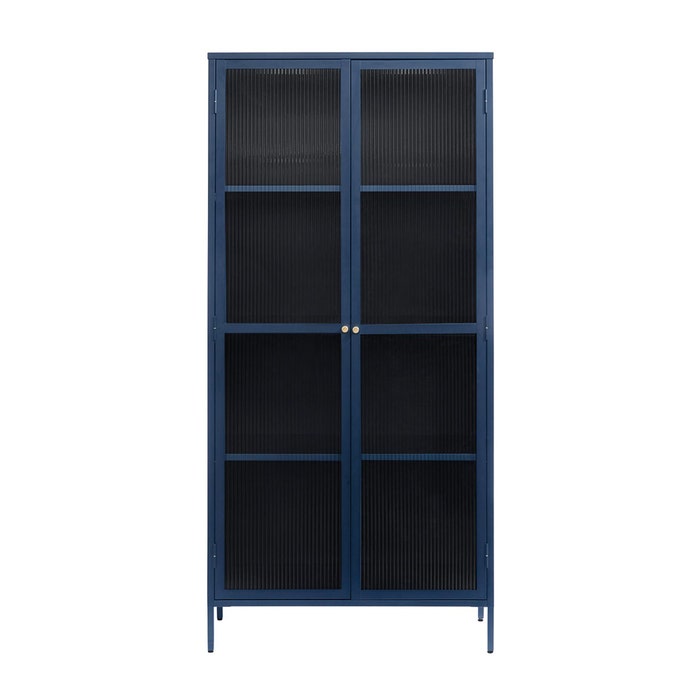 Katja metalen vitrinekast blauw - 90 x 190 cm - dressoir - opbergkast - glas - industrieel - ribglas