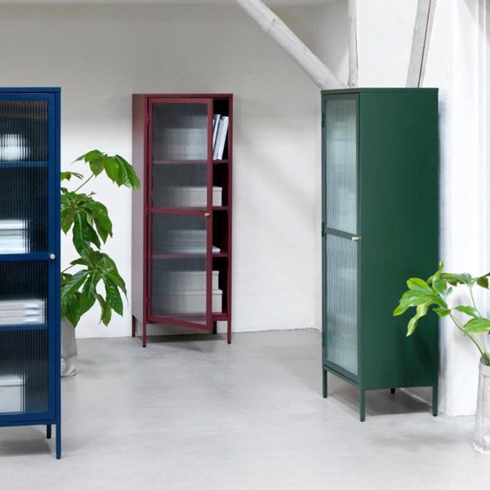 Katja metalen vitrinekast groen - 58 x 160 cm - dressoir - opbergkast - glas - industrieel - ribglas