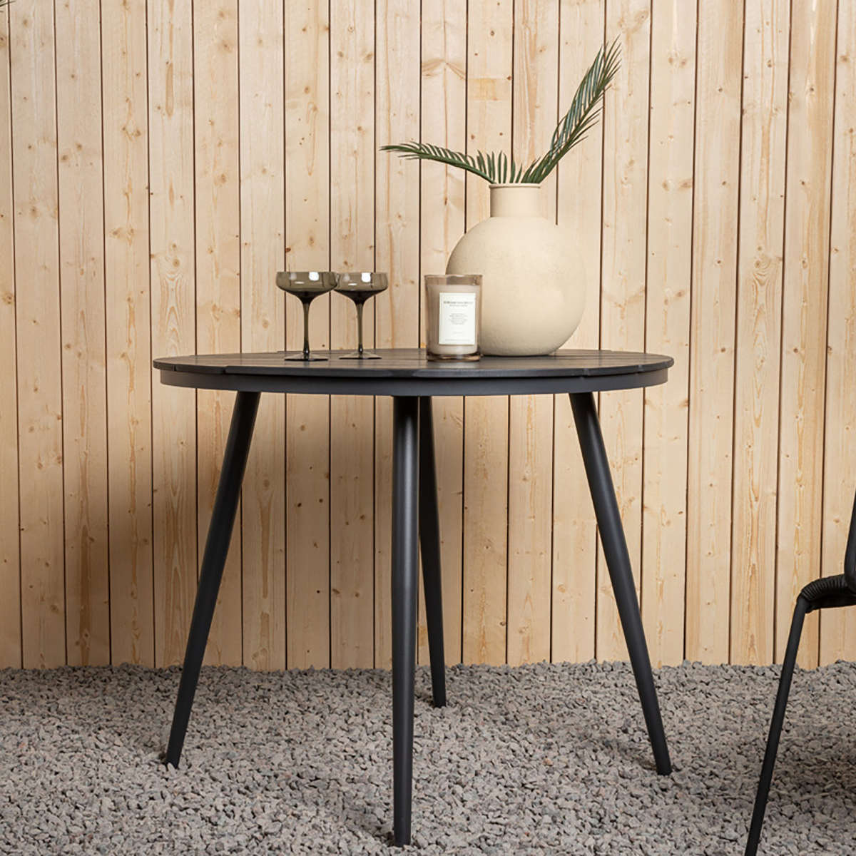 Aaron tuintafel polywood zwart - Ø90 cm - terrastafel - kunststof - aluminium - eettafel tuin - 4 stoelen