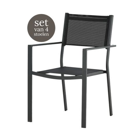 Narda aluminium tuinstoel zwart - met armleuningen - set van 4