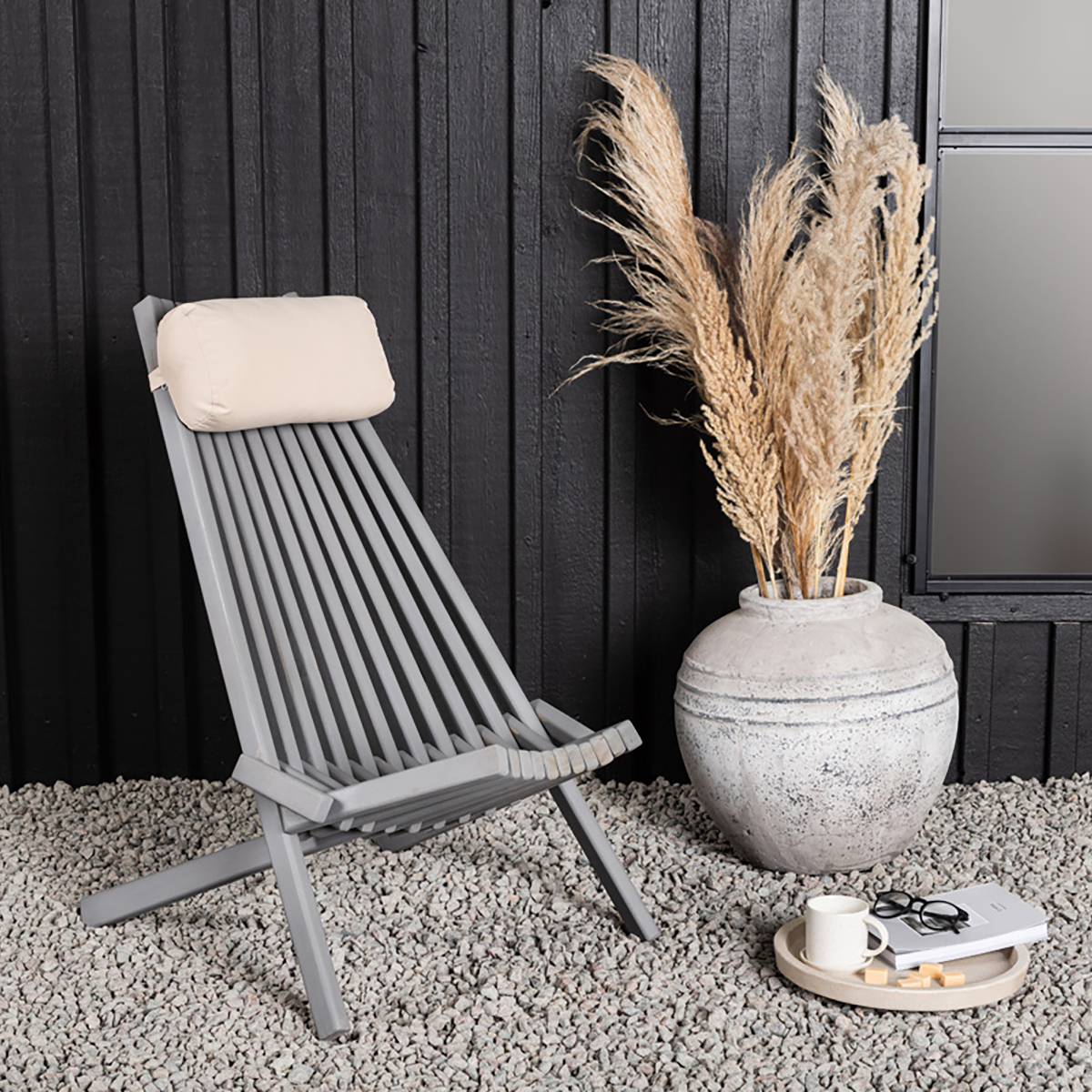 Bastian houten tuin loungestoel grijs - met hoofdkussen - tuinstoel - lounge - relax - acaciahout