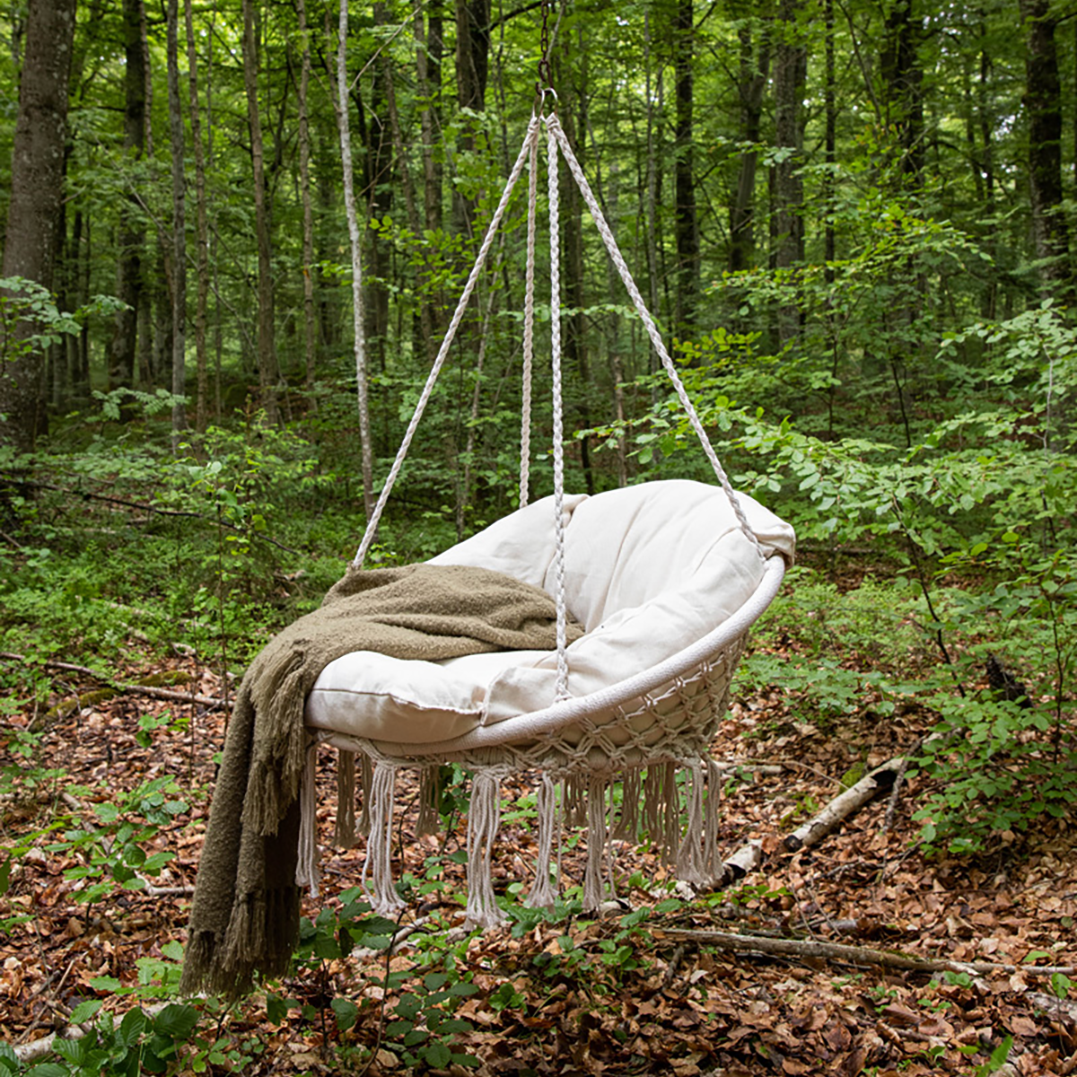 Leah katoenen tuin hangstoel beige - met zitkussen - buiten - binnen - met kussen - voor buiten - zonder standaard - macrame - woonkamer