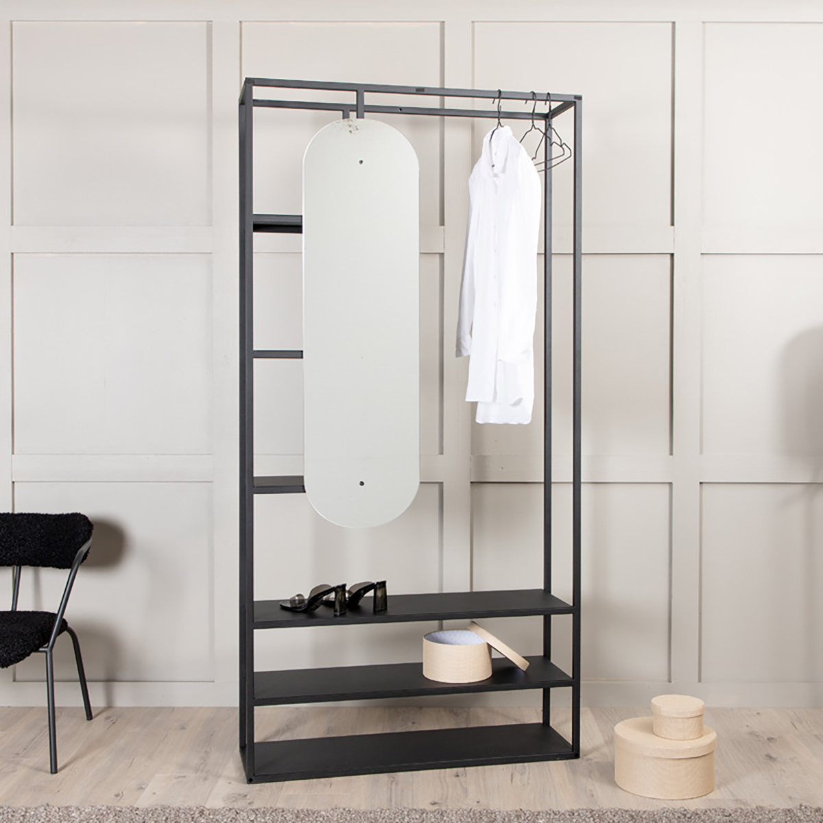Jonny metalen kledingrek zwart - 100 x 200 cm - kledingkast - garderobekast - industrieel - met plank - slaapkamer - open - met spiegel