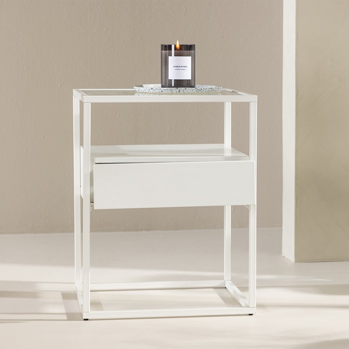 Dinand metalen bijzettafel wit - 40 x 40 cm - bijzettafeltje - vierkante - met lade - met opbergruimte - nachtkastje
