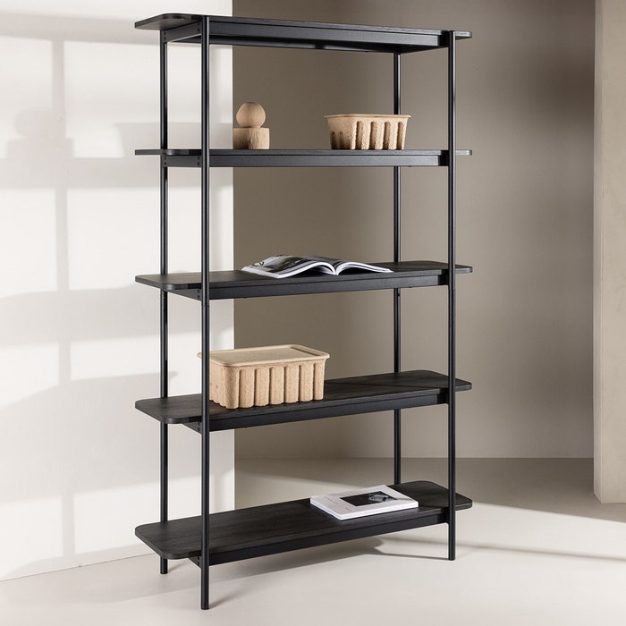 Werner houten boekenkast zwart - 120 x 190 cm - vakkenkast - wandkast - industrieel - laag - metaal - met vakken