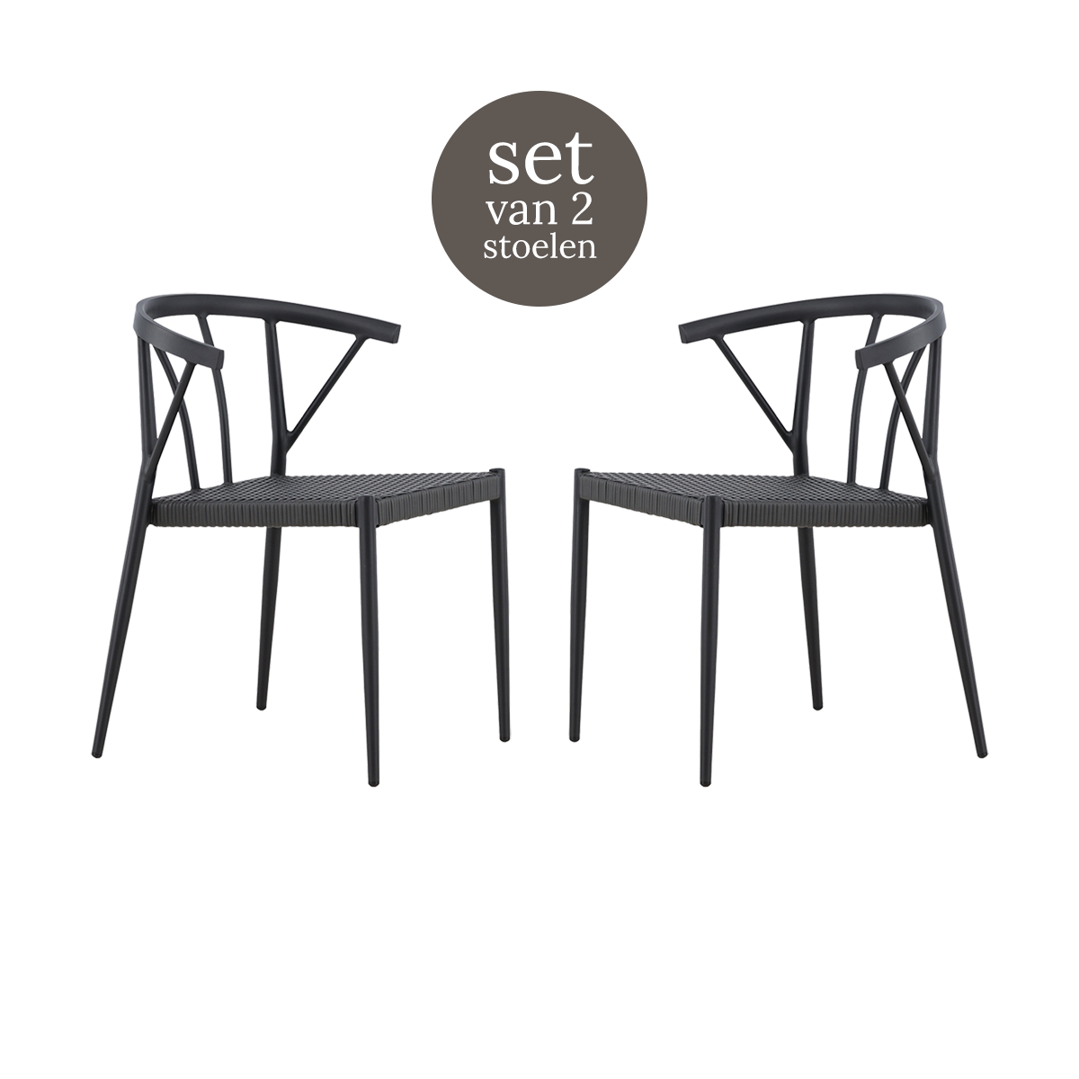 Nest outdoor Julian aluminium tuinstoel zwart - met rattan zitting - set van 2