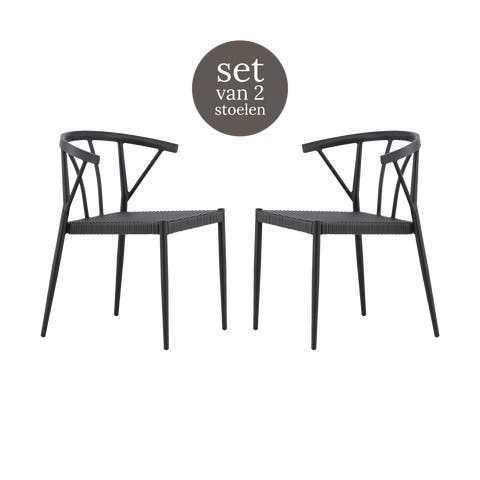 Julian aluminium tuinstoel zwart - met rattan zitting - set van 2