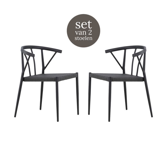 Julian aluminium tuinstoel zwart - met rattan zitting - set van 2