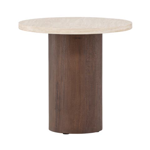 Jente ronde houten bijzettafel donkerbruin met travertine tafelblad- Ø 50 cm