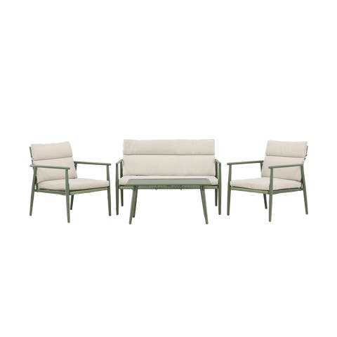 Margret tuin loungeset groen - tweezits bank, twee fauteuils en een salon tafel - met beige zitkussens
