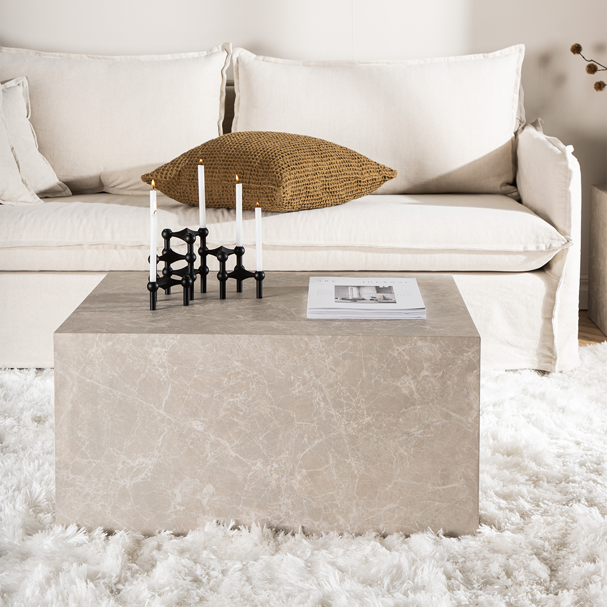 Zayn houten marmerlook salontafel grijsbeige - 80 x 60 cm - tafeltje - bijzettafel - koffietafel