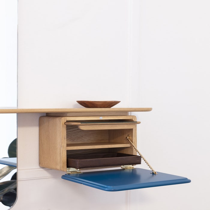 One More Look spiegel petrol blue - met houten kastje - grote - lange - hal - gang - rechthoek - eiken - langwerpig - voor in de hal - eikenhout - aan de muur - blauw