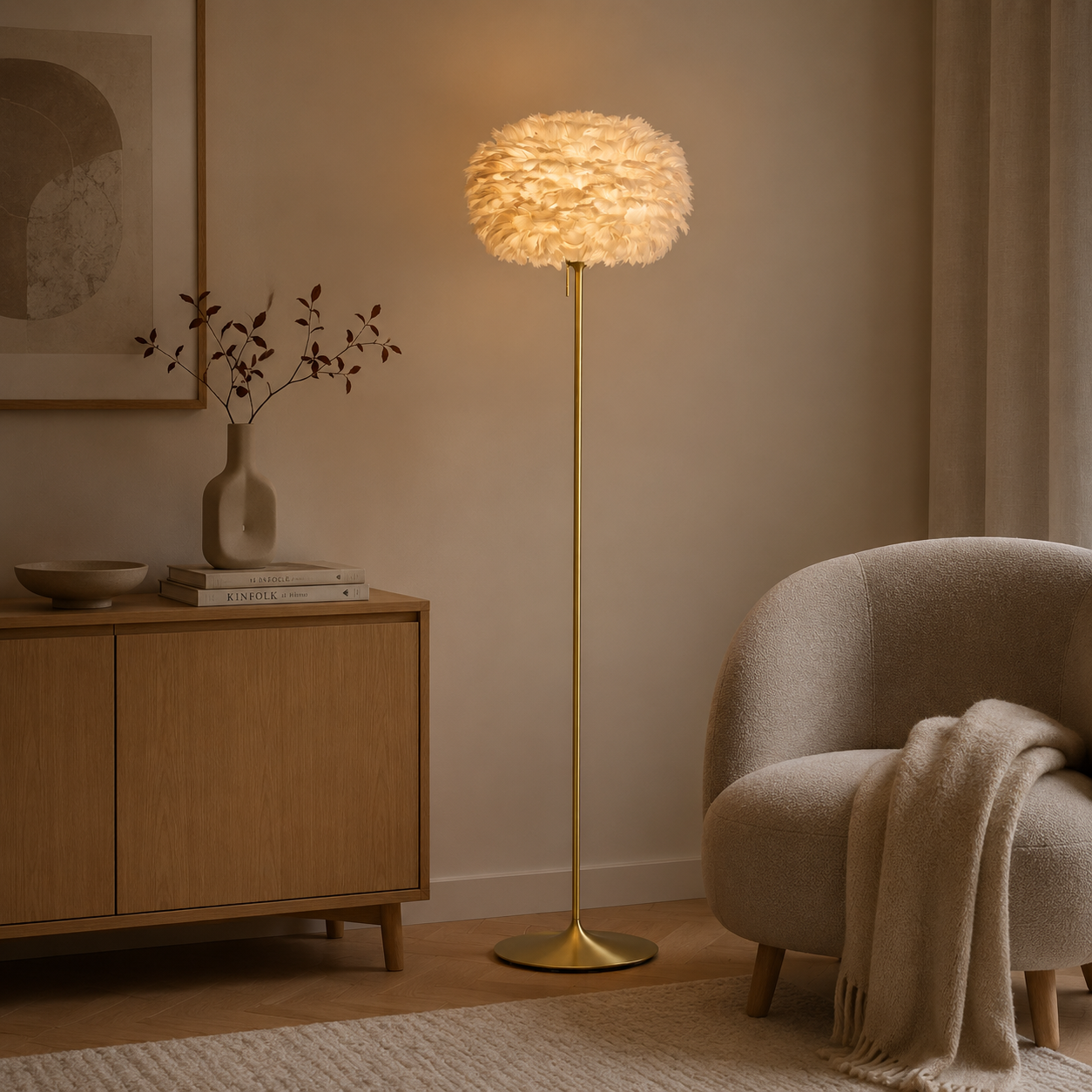 Sante vloerlamp brushed brass met Eos light brown medium lampenkap 