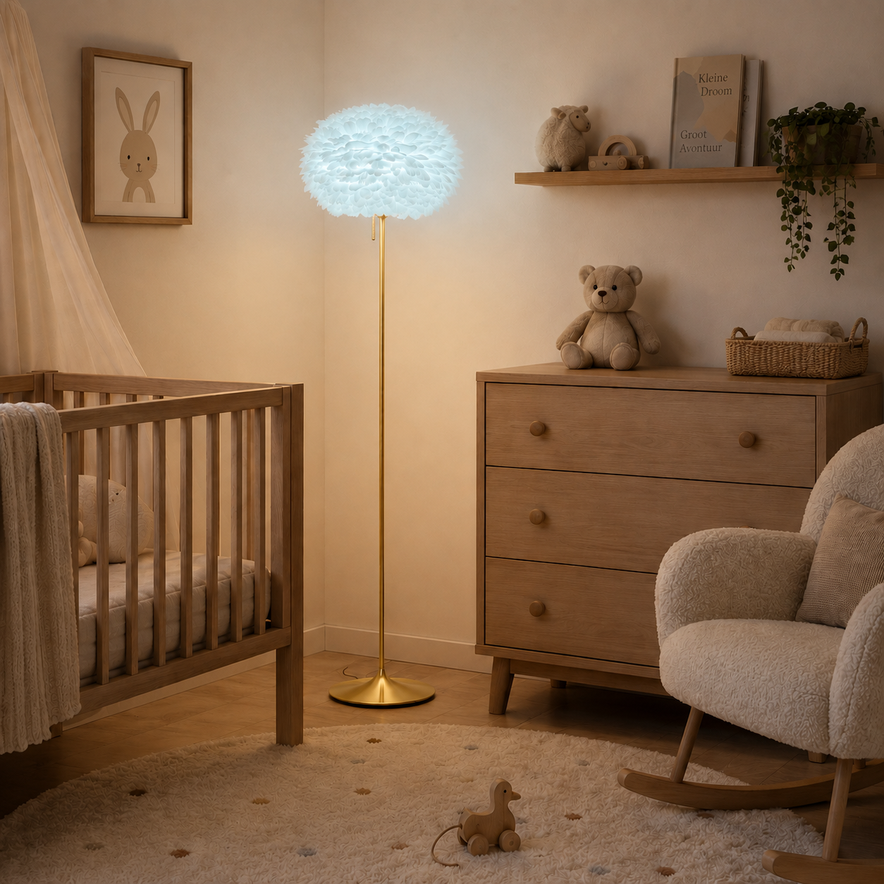 Sante vloerlamp brushed brass met Eos light blue medium lampenkap 