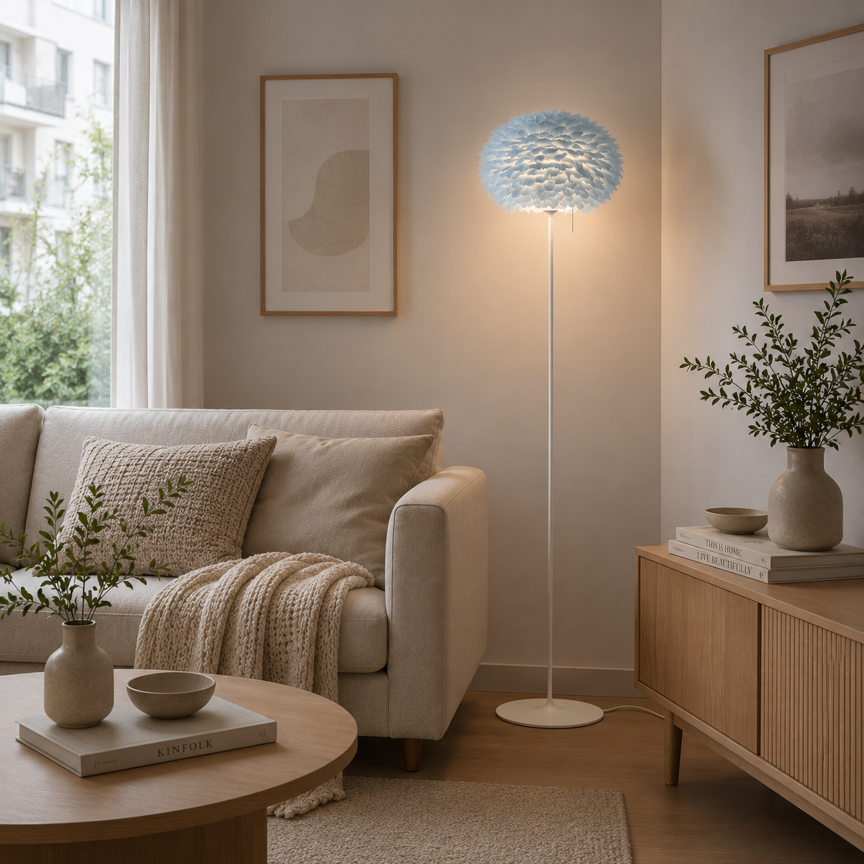 Sante vloerlamp white met Eos light blue medium lampenkap 