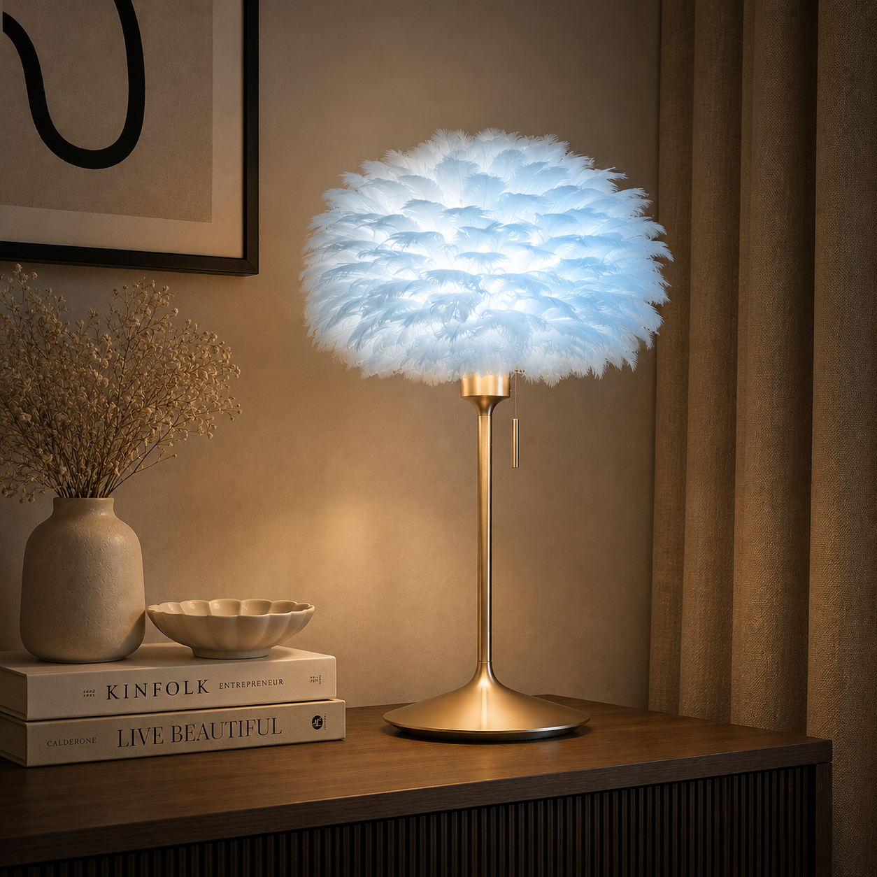 Sante tafellamp brushed brass met usb en Eos mini light blue lampenkap 