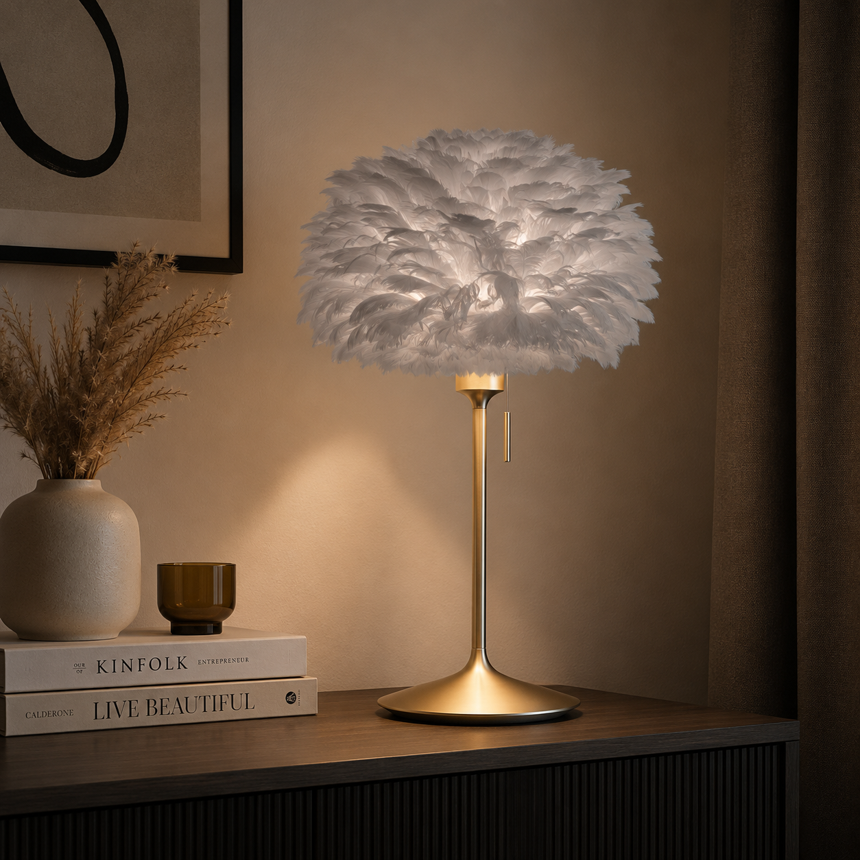 Sante tafellamp brushed brass met usb en Eos mini light grey lampenkap 