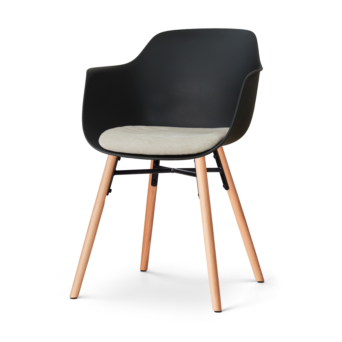 Nena-Liz eetkamerstoel zwart met naturelbeige zitkussen - houten onderstel