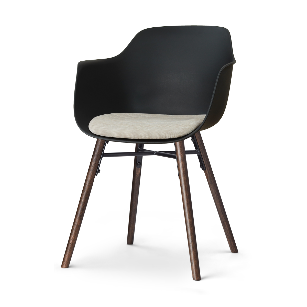Nena-Liz eetkamerstoel zwart met naturelbeige zitkussen - walnoot houten onderstel