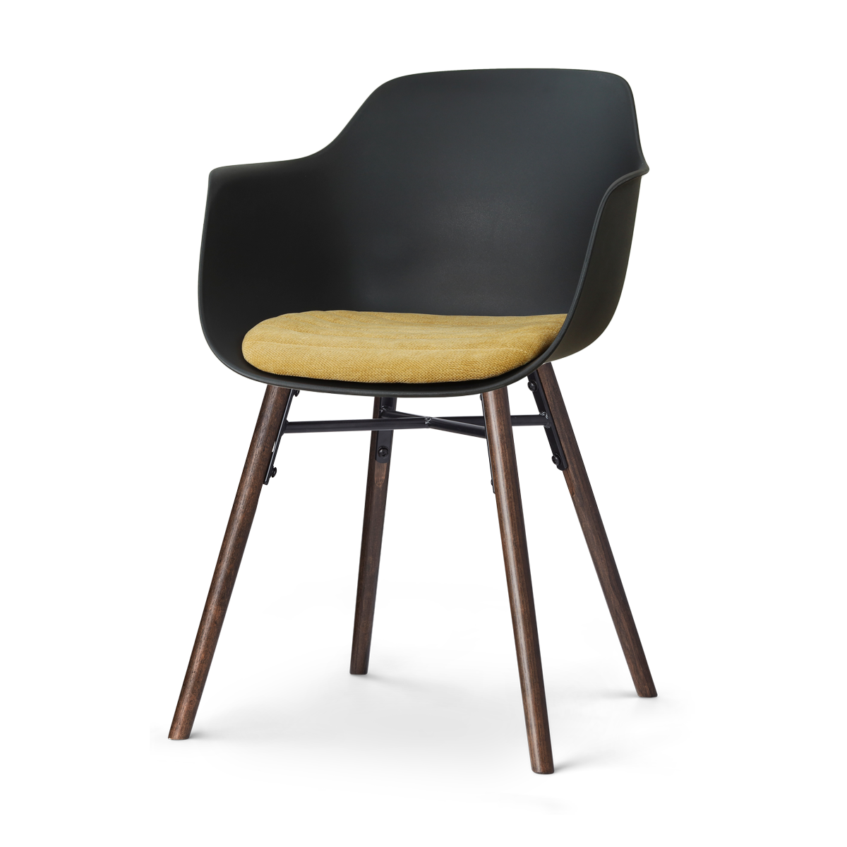 Nena-Liz eetkamerstoel zwart met warm oker zitkussen - walnoot houten onderstel