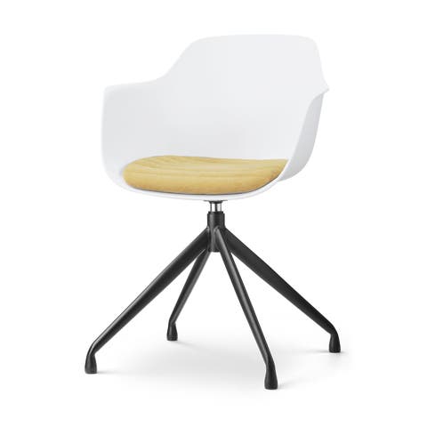 Nola-Liz draaibare eetkamerstoel wit met warm oker zitkussen - zwart onderstel