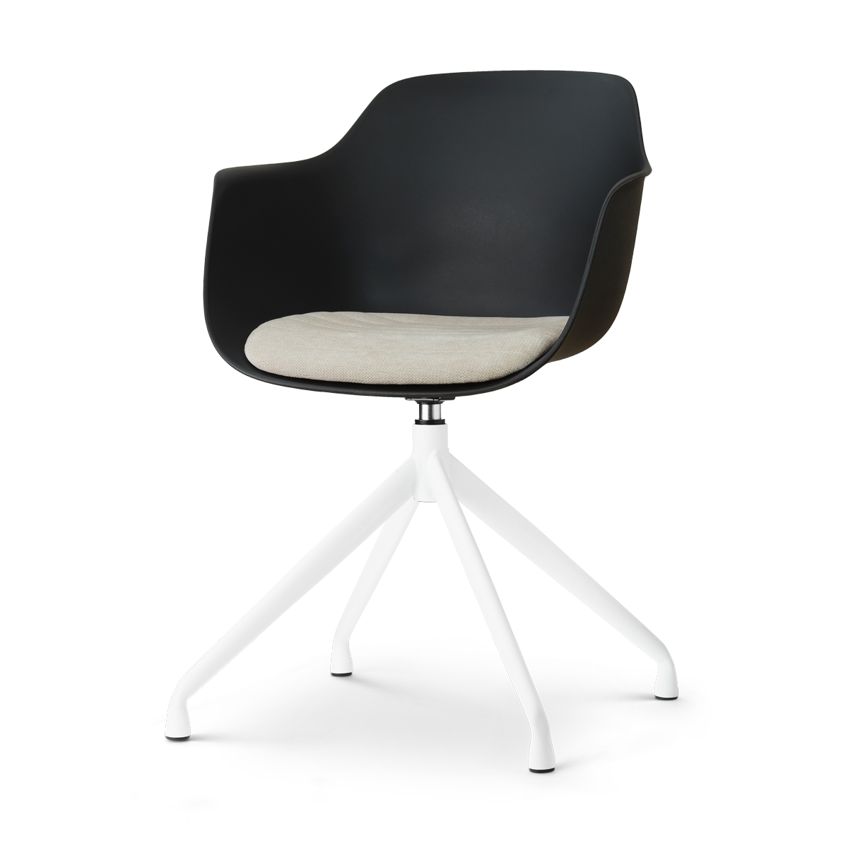 Nola-Liz draaibare eetkamerstoel zwart met naturelbeige zitkussen - wit onderstel