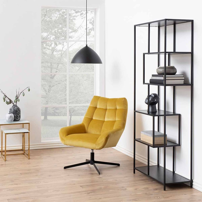 Vic houten boekenkast zwart - 77 x 185 cm - wandkast - open kast - metaal - hoog - woonkamer - met planken - asymmetrisch
