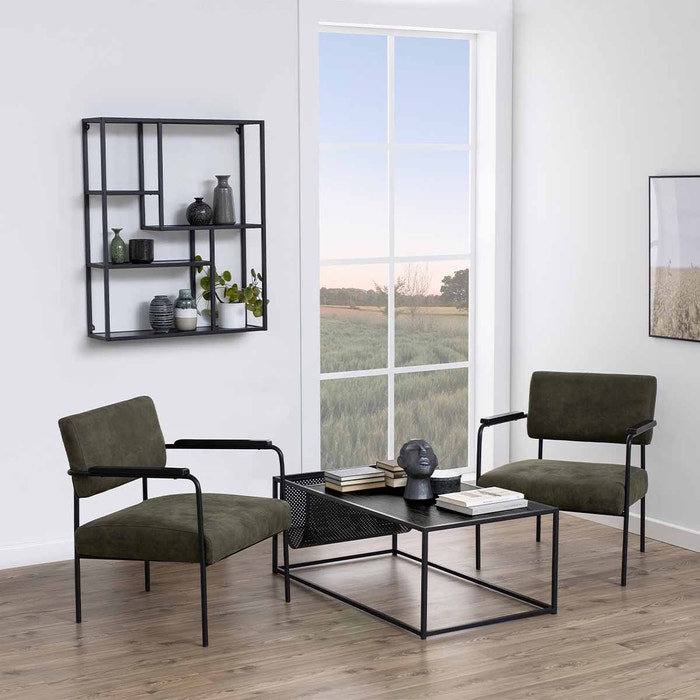 Vic houten wandkast zwart - 75 x 91 cm - boekenkast - vakkenkast - open - industrieel - woonkamer