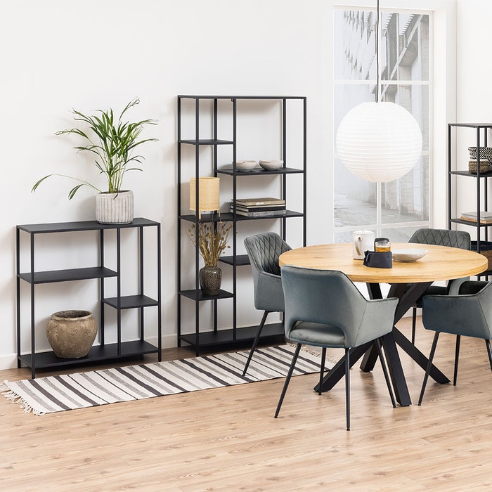 Roy metalen open kast zwart - 79 x 86 cm - boekenkast - wandkast - industrieel - laag - woonkamer - met planken