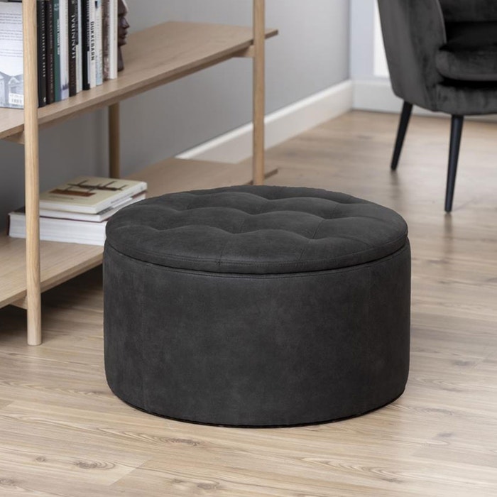 Elin poef kunstleer antraciet - Ø 60 cm - ronde - voetenbank - hocker