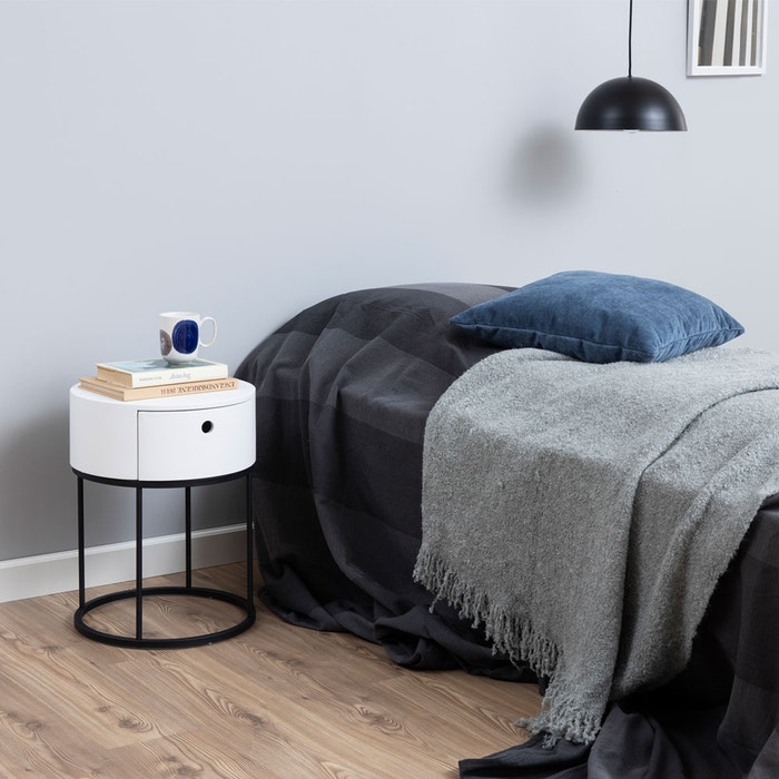 Else houten nachtkastje wit - Ø 40 cm - bijzettafel - met lade - rond - eiken - metaal - modern - tafeltje - wit hout