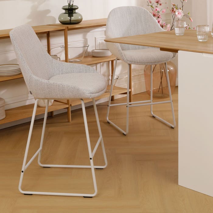 Nino-Isa barkruk beige gemêleerd - wit onderstel - 75 cm barstoel - rugleuning - hoge - design - luxe - stof - modern - scandinavisch - creme