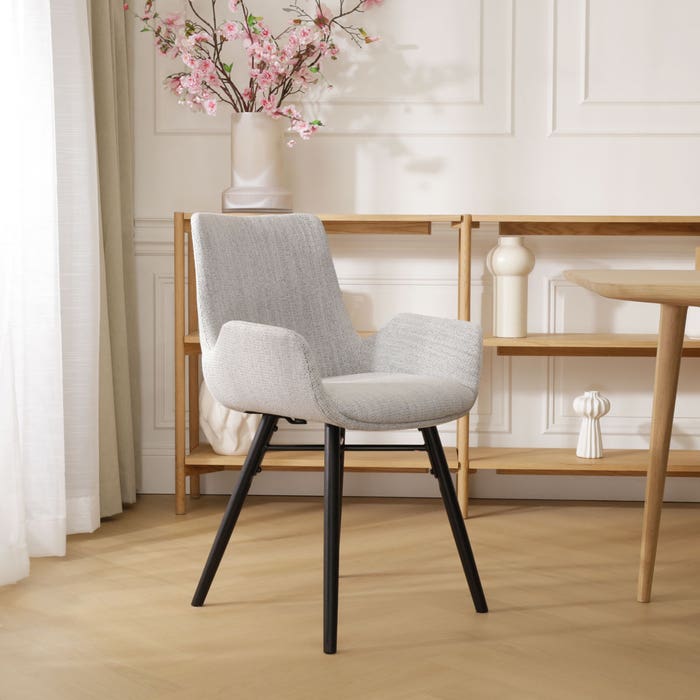 Nena-Eef eetkamerstoel beige gemêleerd - zwart houten onderstel met armleuning - design - scandinavisch - luxe - stof - modern - crème - hout - zwarte poten