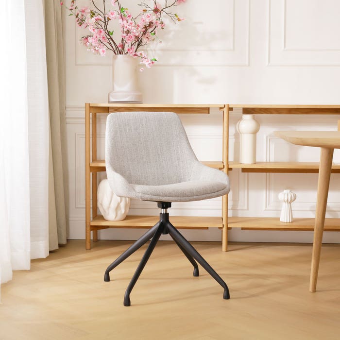 Nola-Isa draaibare eetkamerstoel beige gemêleerd - zwart onderstel design - scandinavisch - luxe - stof - zwarte poten - crème  gebroken wit
