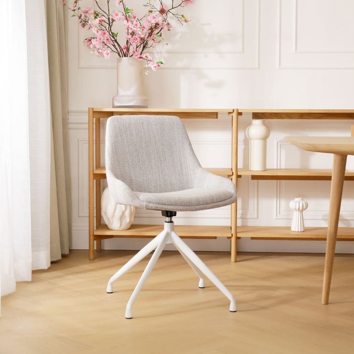 Nola-Isa draaibare eetkamerstoel beige gemêleerd - wit onderstel design - scandinavisch - luxe - stof - witte poten - crème -gebroken wit