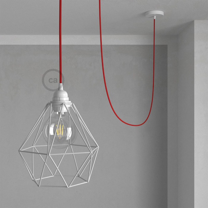 Hanglamp - Diamond cage - Witte lampenkap - Rood koordset 